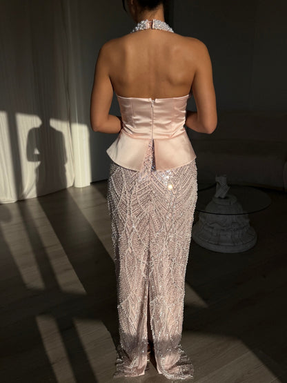 Pearl Halter Peplum Gown with Sequin Skirt