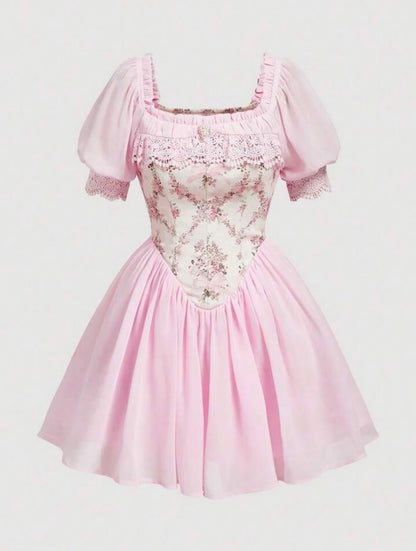 Vintage Inspired Floral Puff Sleeve Mini Dress