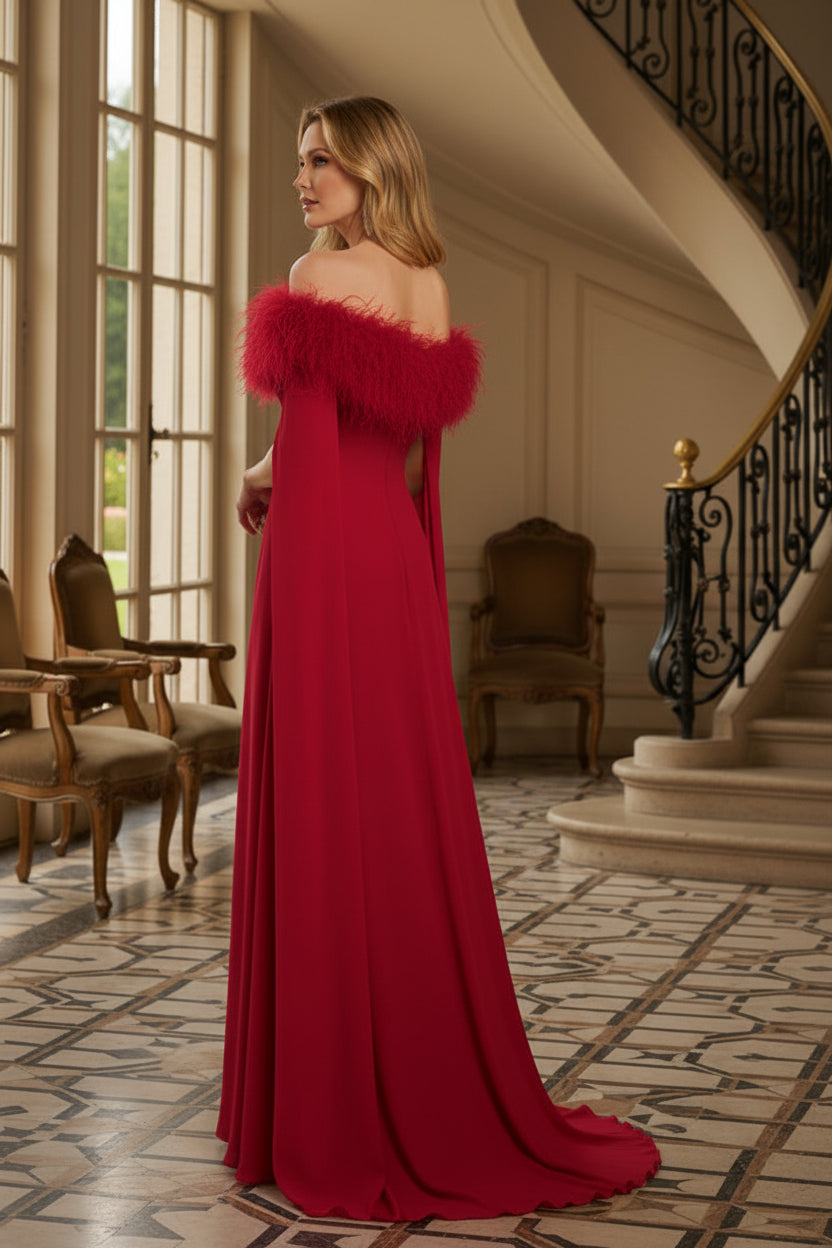 Off-the-Shoulder Feather Trim Gown with Cape Sleeves