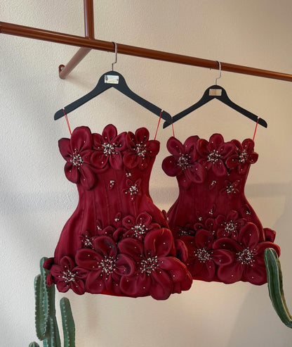 3D Floral Corset Mini Dress with Spaghetti Straps