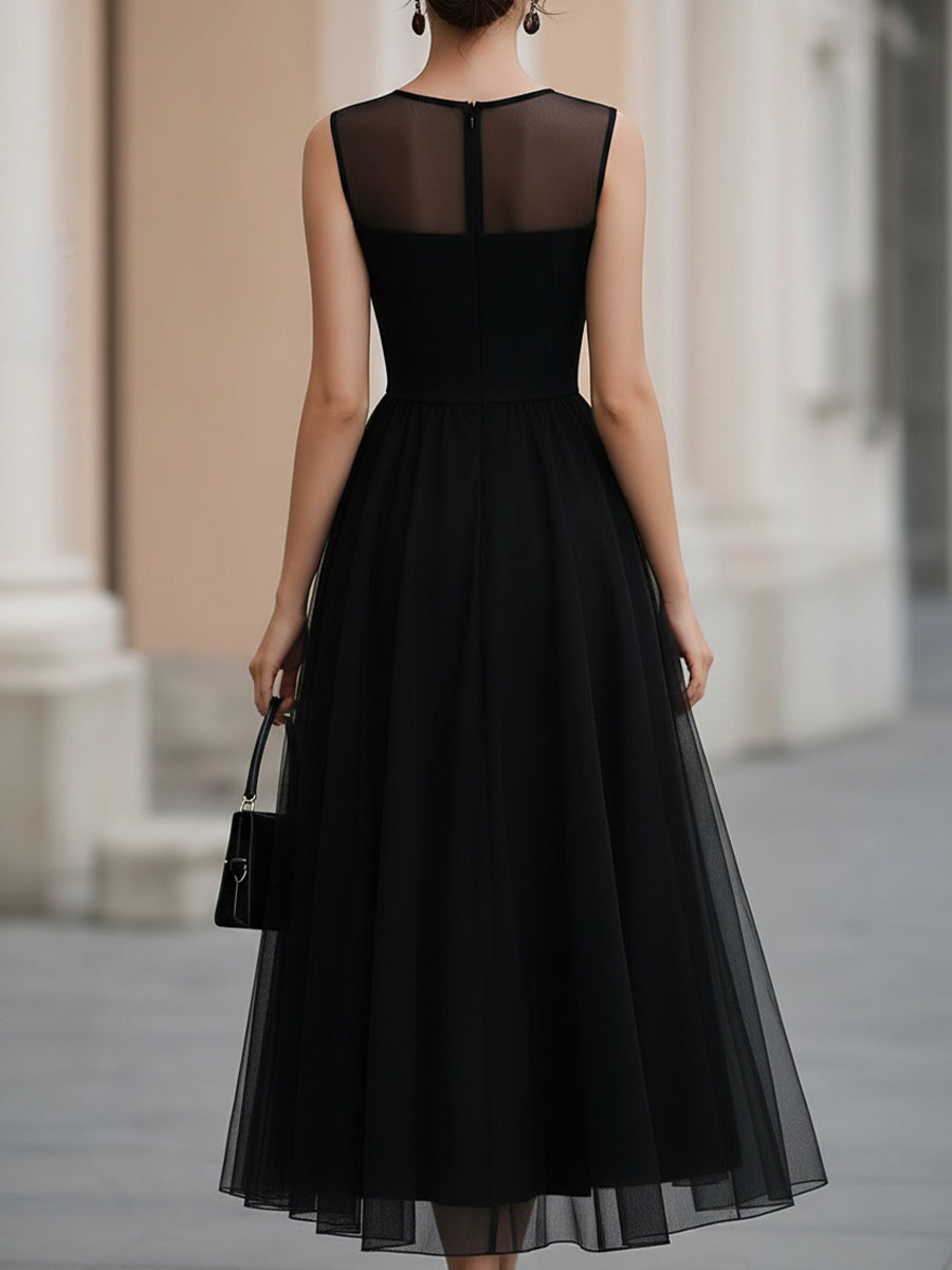 Sleeveless Illusion Neckline A-Line Tulle Midi Dress