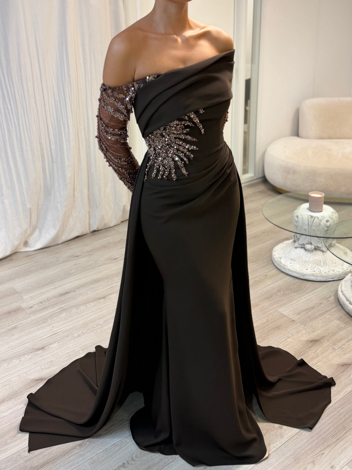 Off-the-Shoulder Ruched Gown with Embellished Sleeves