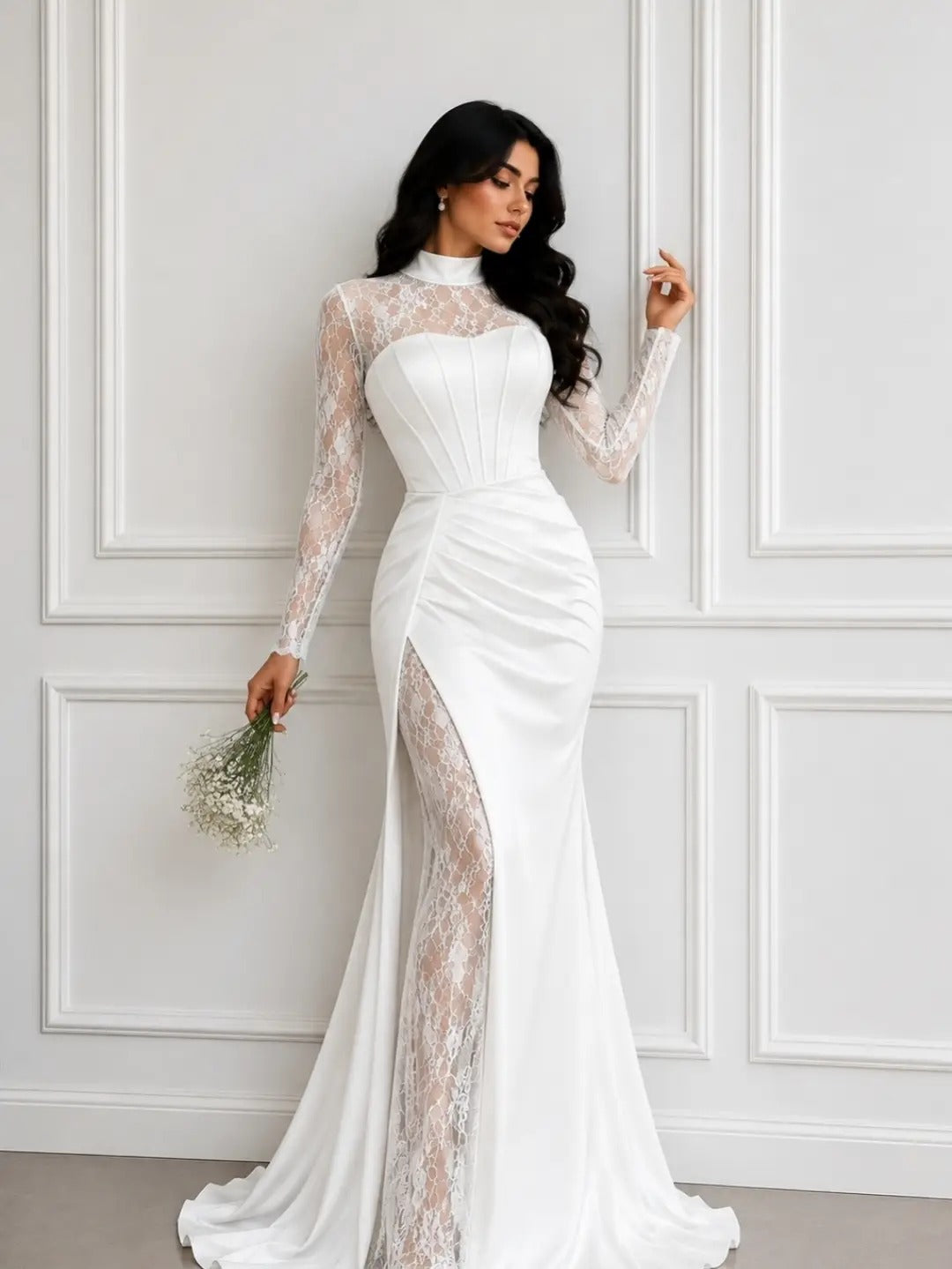 High Neck Lace & Satin Gown with High Slit