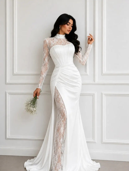 High Neck Lace & Satin Gown with High Slit