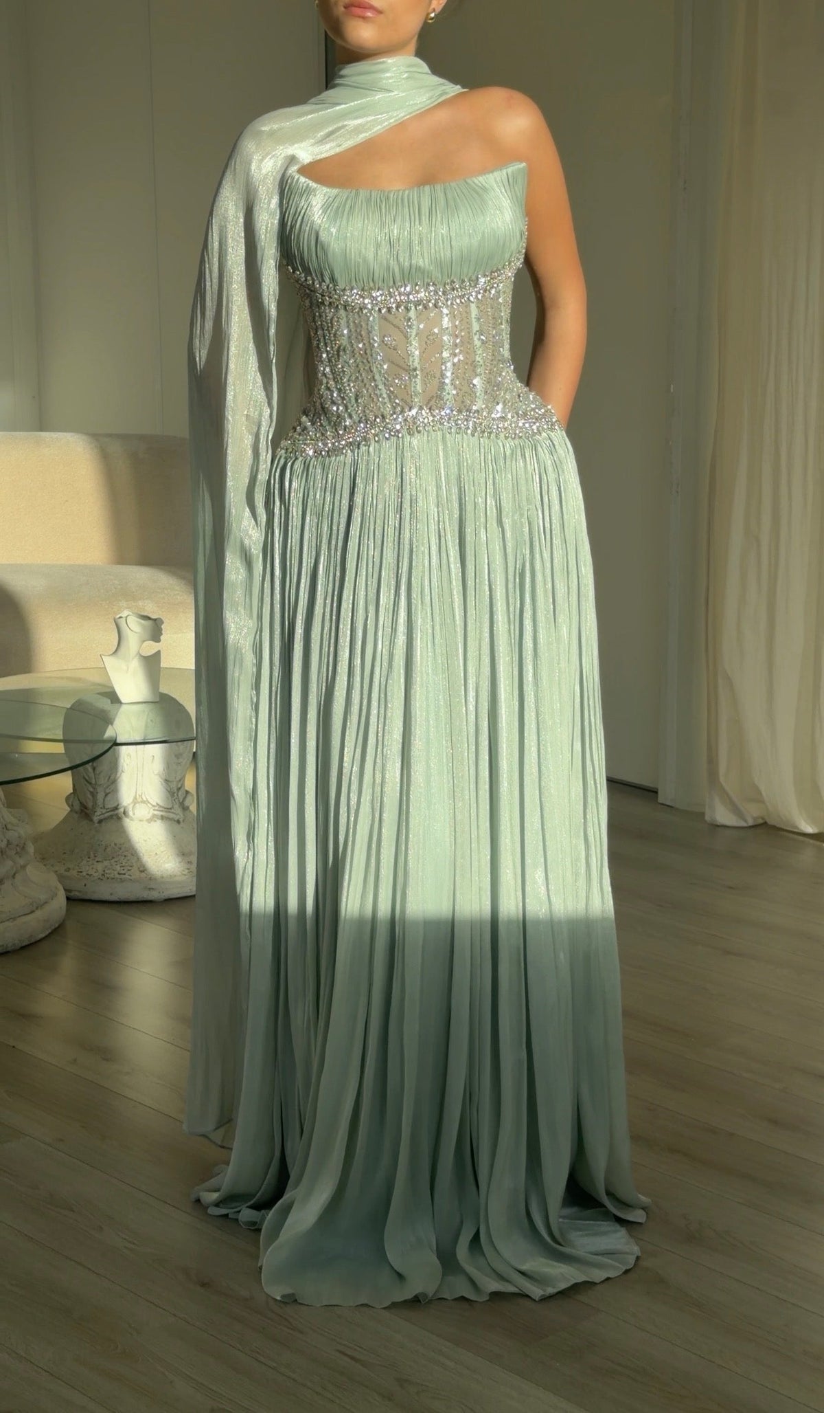 Corset Pleated Evening Gown with Neck Drape