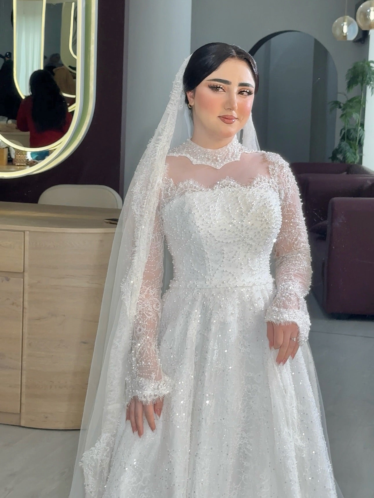 High Neck Illusion Long Sleeve Ball Gown Wedding Dress