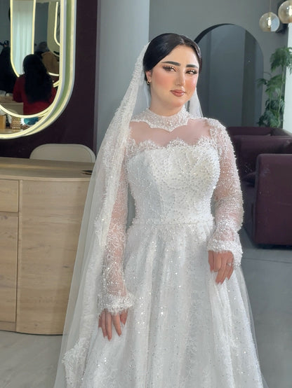 High Neck Illusion Long Sleeve Ball Gown Wedding Dress