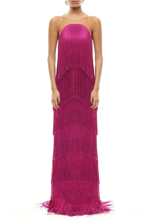 Strapless Tiered Fringe Maxi Gown