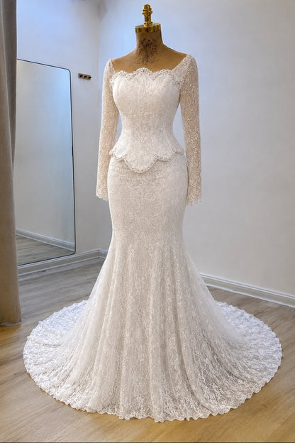 Long Sleeve Scalloped Lace Mermaid Wedding Dress