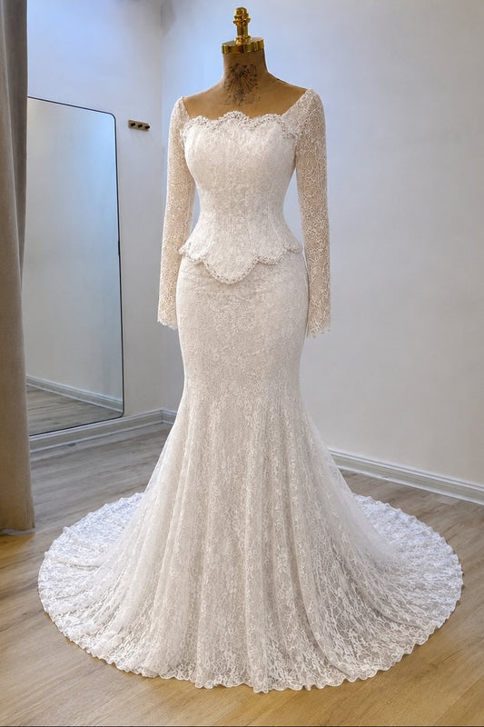 Long Sleeve Scalloped Lace Mermaid Wedding Dress