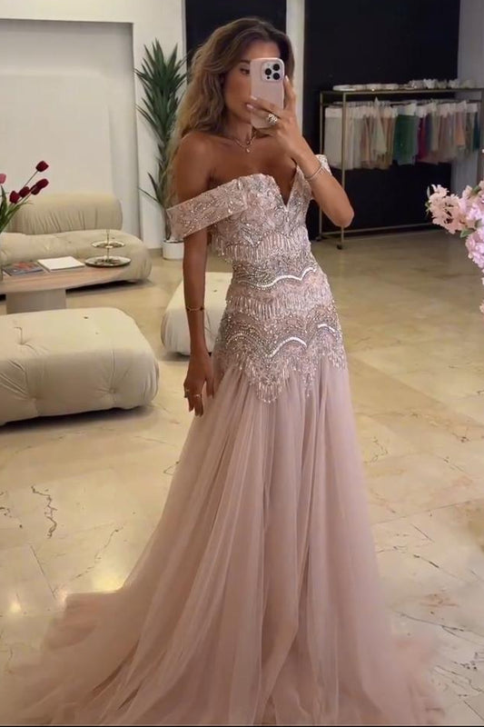 Off-Shoulder Beaded Fringe A-Line Tulle Evening Gown