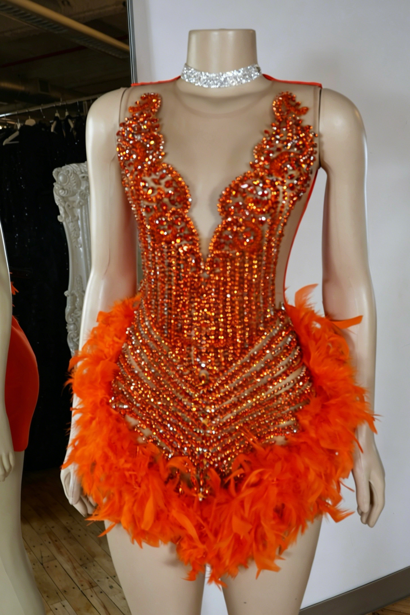 Crystal Beaded Halter Feather Mini Dress