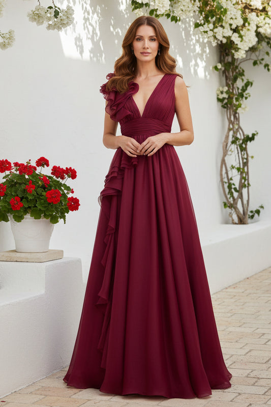 Ruffle Shoulder Deep V-Neck A-Line Evening Gown