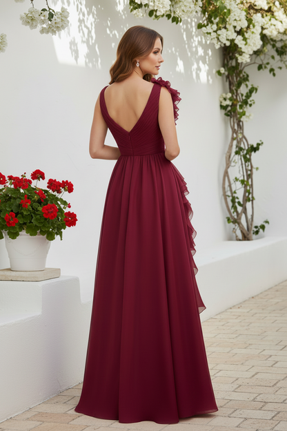 Ruffle Shoulder Deep V-Neck A-Line Evening Gown