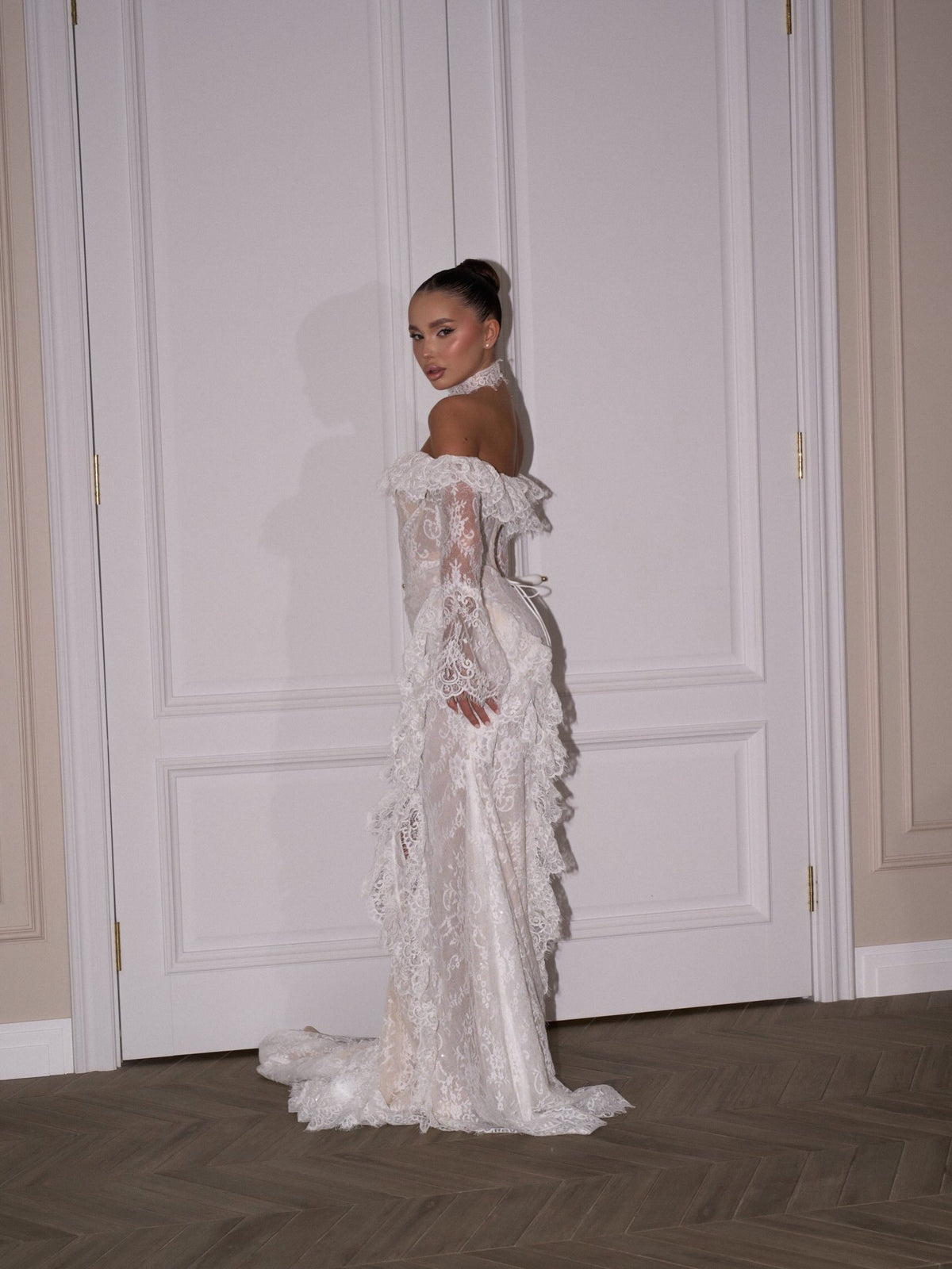 Off-the-Shoulder Ruffled Lace Wedding Dress