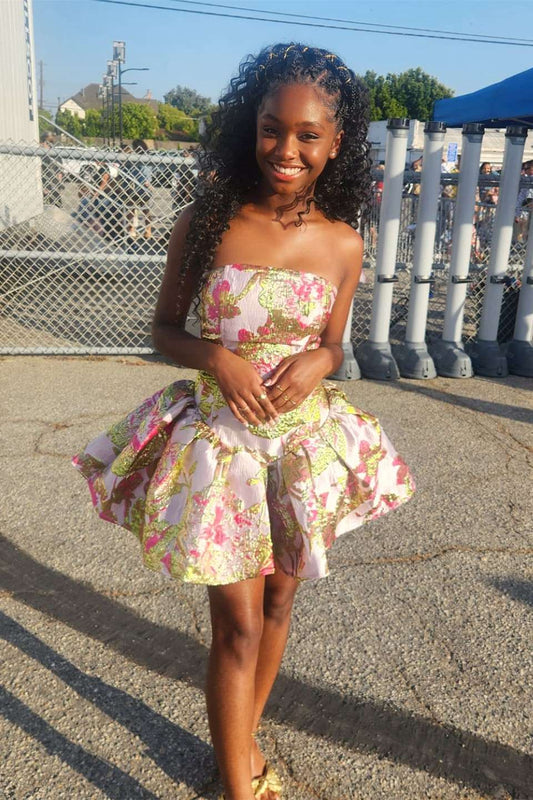 Strapless Floral Jacquard Bubble Skirt Mini Dress