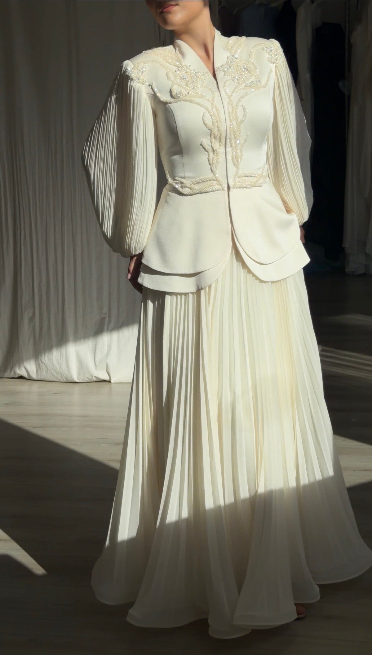 Embroidered Peplum Jacket and Pleated Maxi Dress