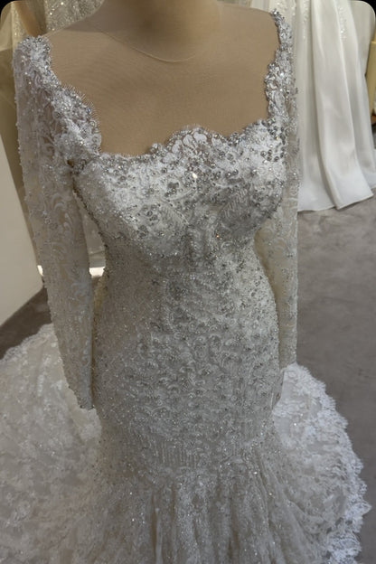 Beaded Lace Mermaid Wedding Dress with Long Sleeves