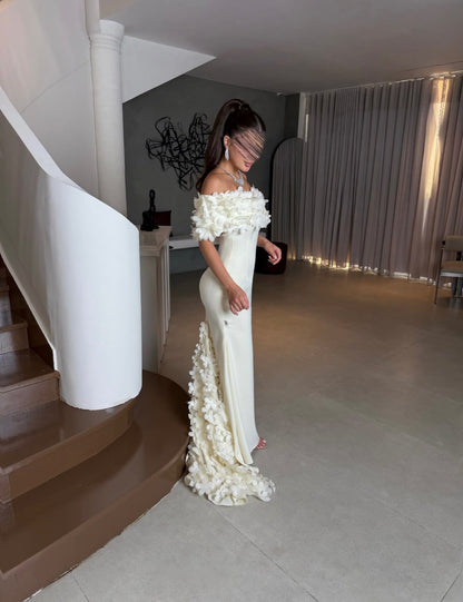 Off-the-Shoulder 3D Floral Crepe Evening Gown
