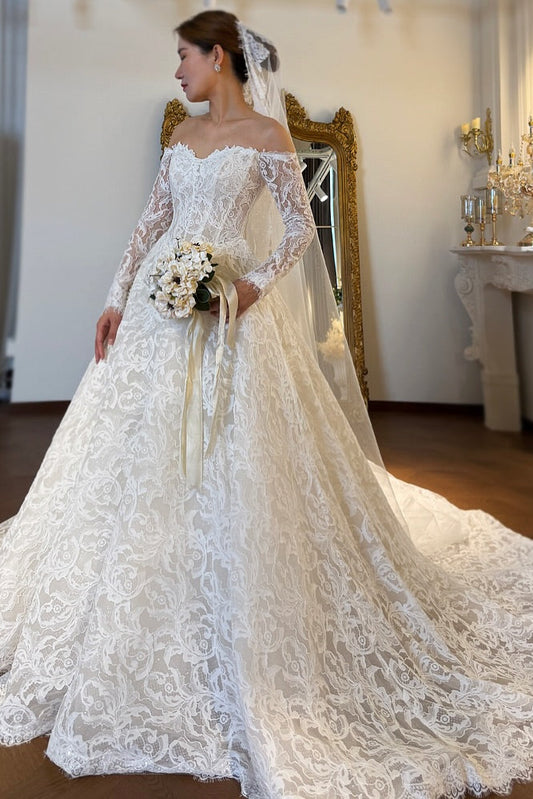 Off-Shoulder Lace Long Sleeve Ball Gown Wedding Dress