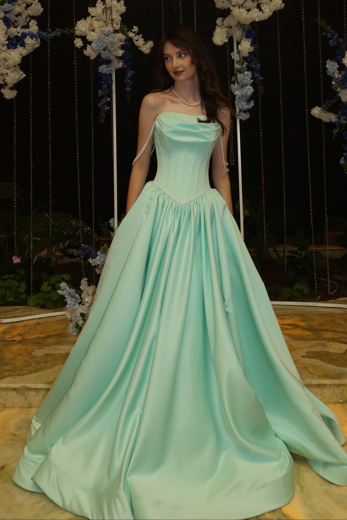 Cowl Neck Ball Gown with Basques Corset Bodice
