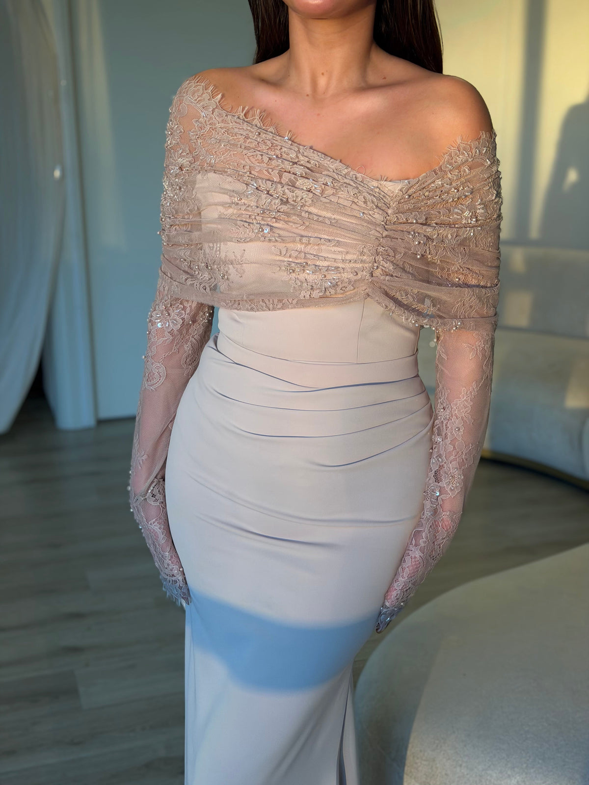 Off-the-Shoulder Beaded Lace Maxi Dress