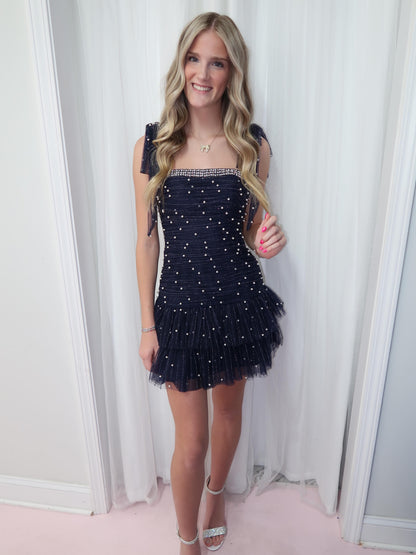 Tiered Tulle Mini Dress with Pearls and Bow Straps