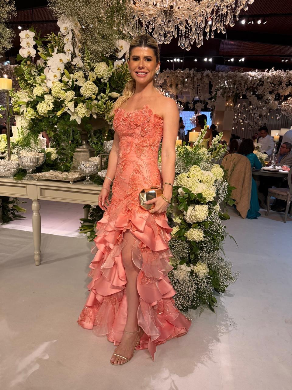 Strapless 3D Floral High-Slit Ruffle Evening Gown