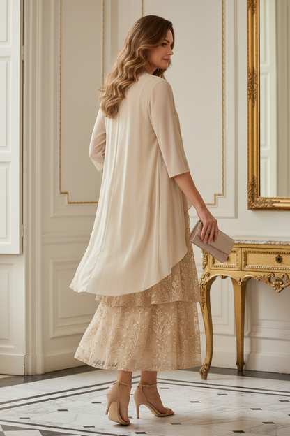 Sequin Embroidered Tiered Midi Dress with Chiffon Jacket