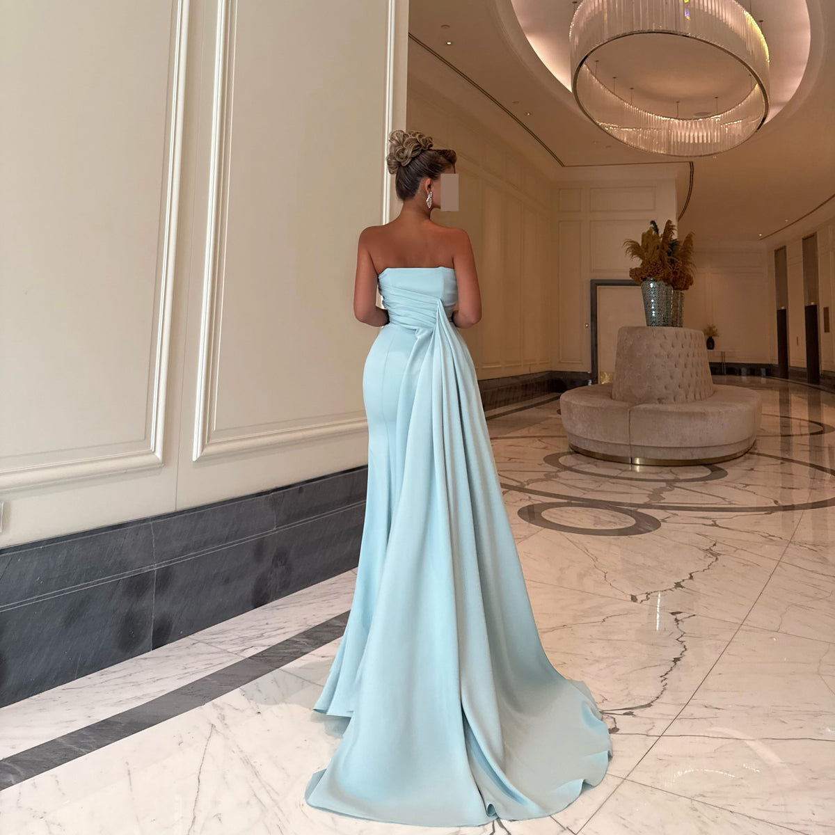 Strapless Asymmetric Bodice Gown with Back Train