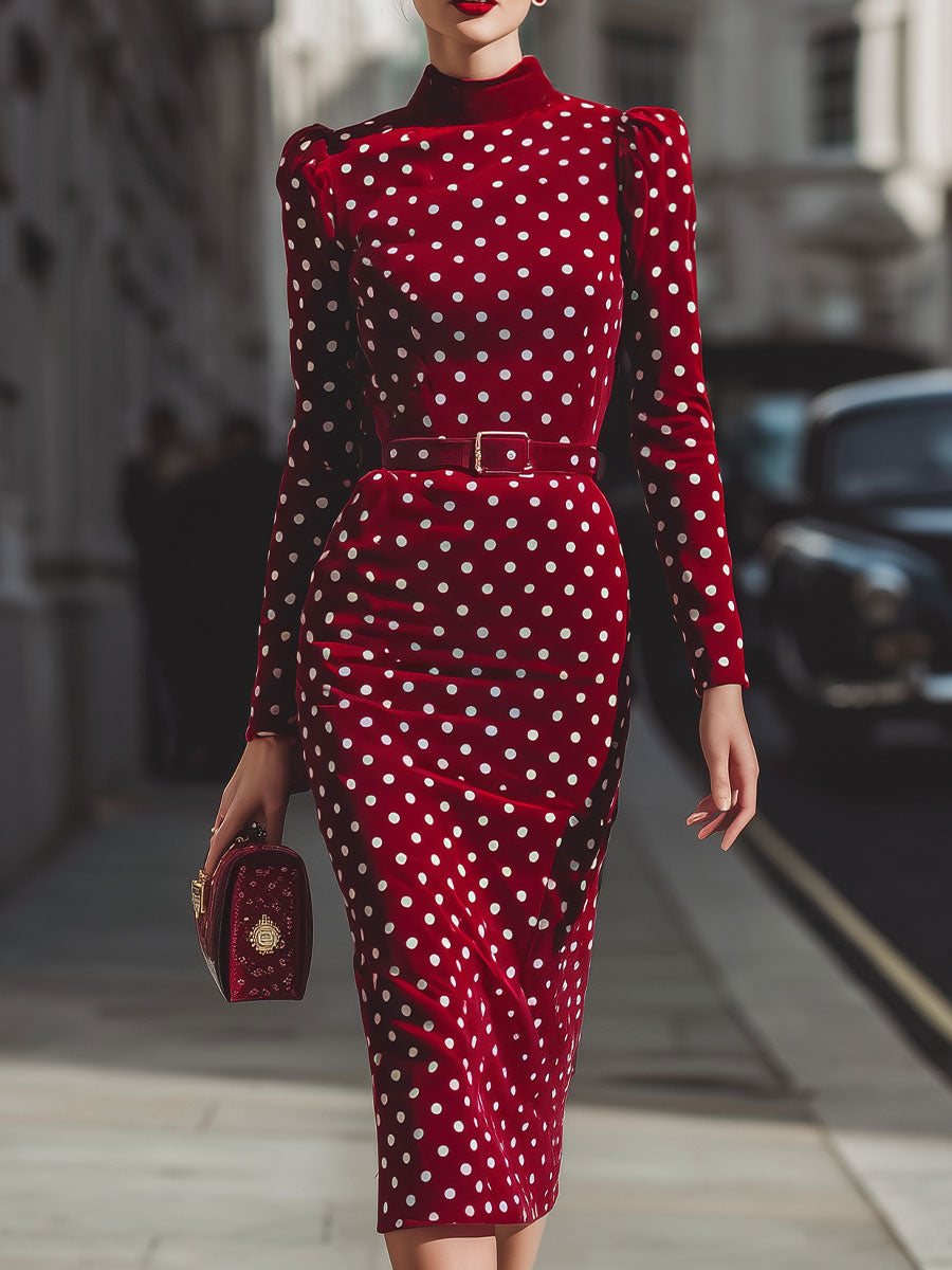 Polka Dot Midi Dress with Belt