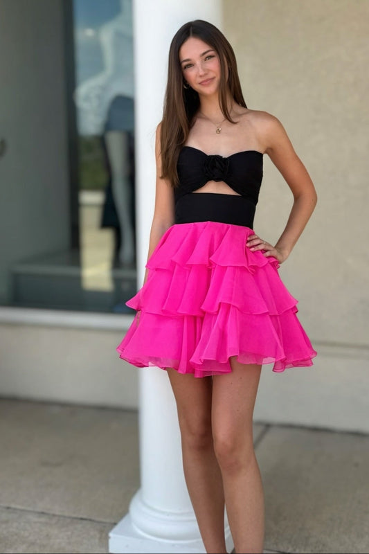 Strapless Cutout Tiered Ruffle Mini Dress