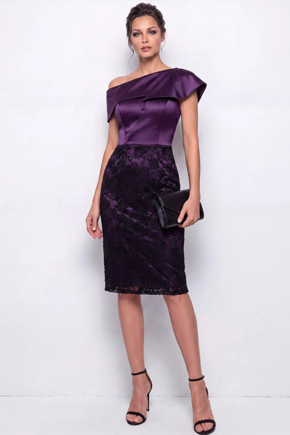 One-Shoulder Satin & Lace Knee-Length Dress