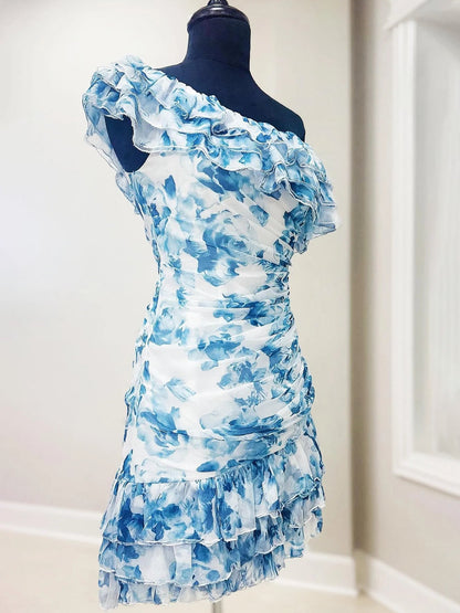 One-Shoulder Floral Ruffled Mini Dress