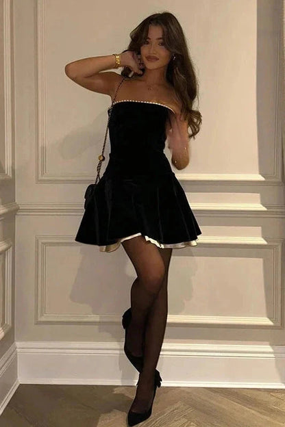 Velvet Strapless Corset Mini Dress with Pearl Trim