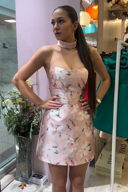 Strapless Floral Print Satin Mini Dress