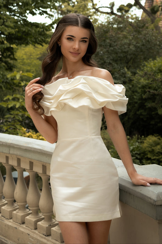 Off-the-Shoulder Ruffled Satin Mini Dress