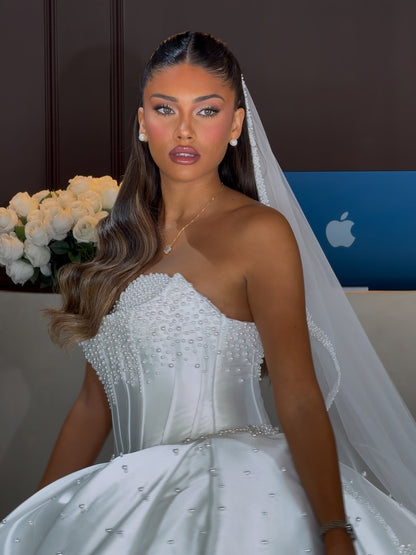 Pearl-Embellished Strapless Ball Gown Wedding Dress