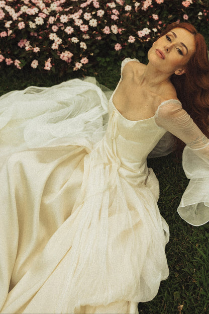 Square Neck Wedding Dress with Bell Sleeves