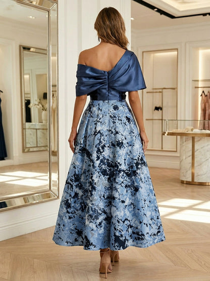 One-Shoulder Pleated A-Line Midi Dress with Pockets