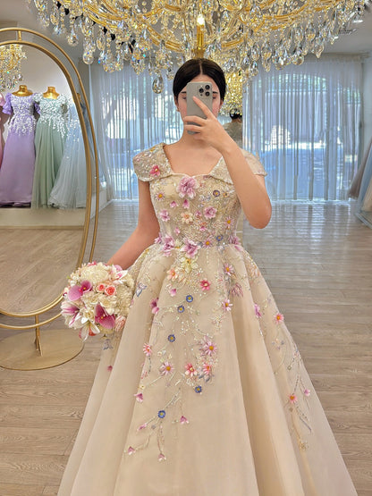 Romantic 3D Flower Cap Sleeve Ball Gown