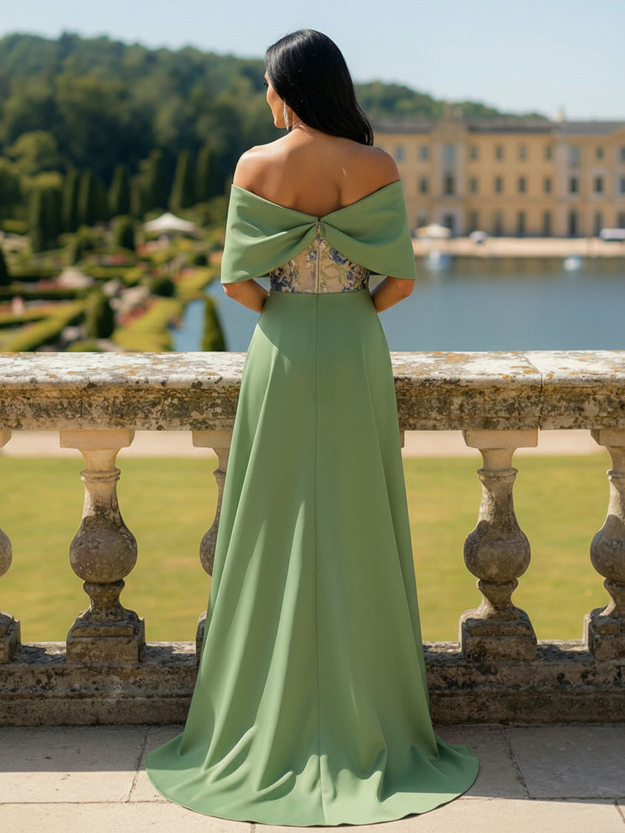Off-the-Shoulder Floral Embroidered Column Gown