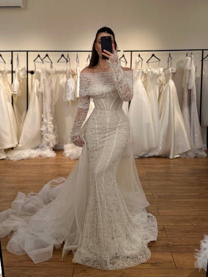 Off-the-Shoulder Pearl Beaded Mermaid Wedding Gown