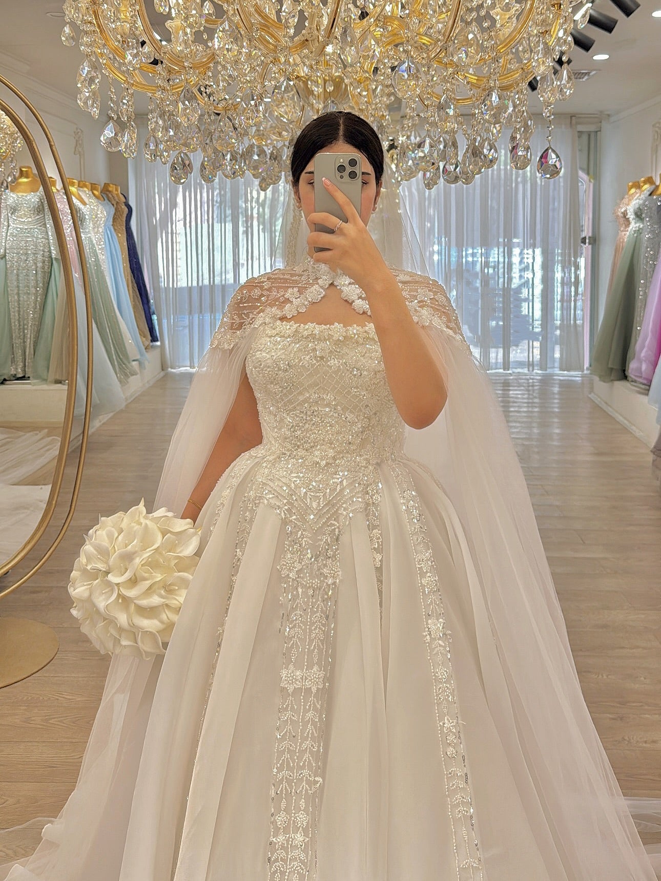 High-Neck Beaded Ball Gown Wedding Dress with Cape