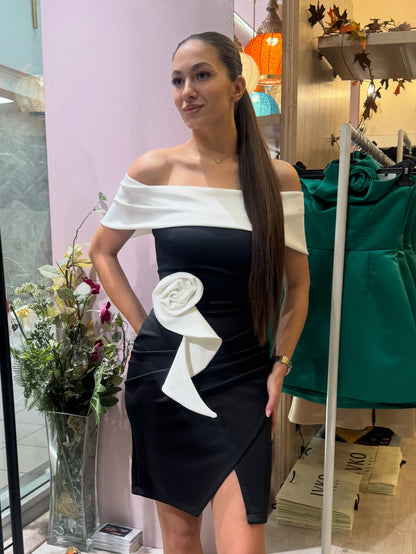 Off-Shoulder Wrap Mini Dress with 3D Flower Detail