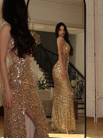 Backless Sequin Evening Gown with High Slit