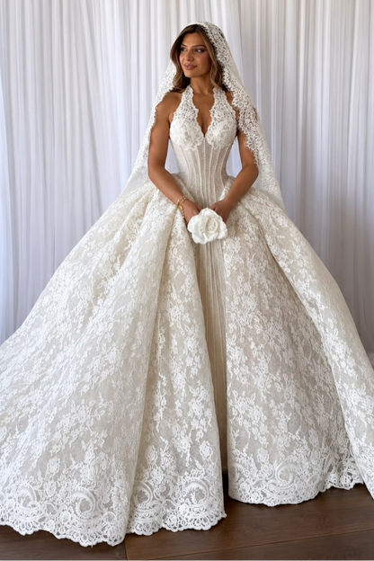 Lace Halter Ball Gown Wedding Dress with Corset