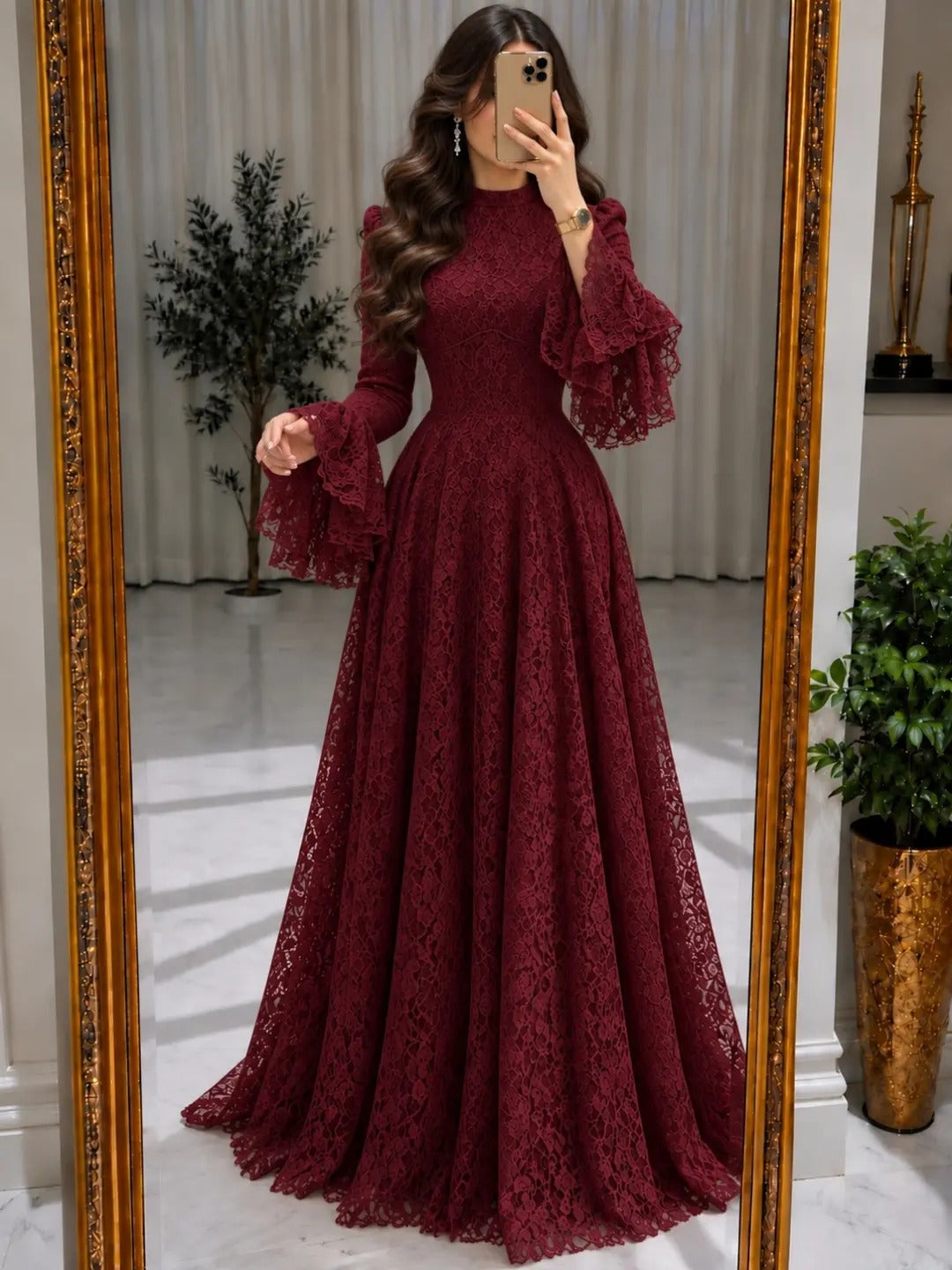 High-Neck Lace Maxi Gown with Flared Bell Sleeves