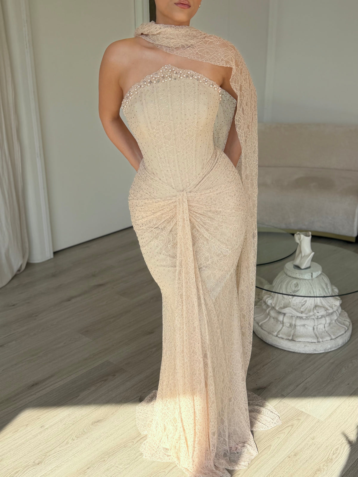 Corset Lace Gown with One-Shoulder Cape Drape