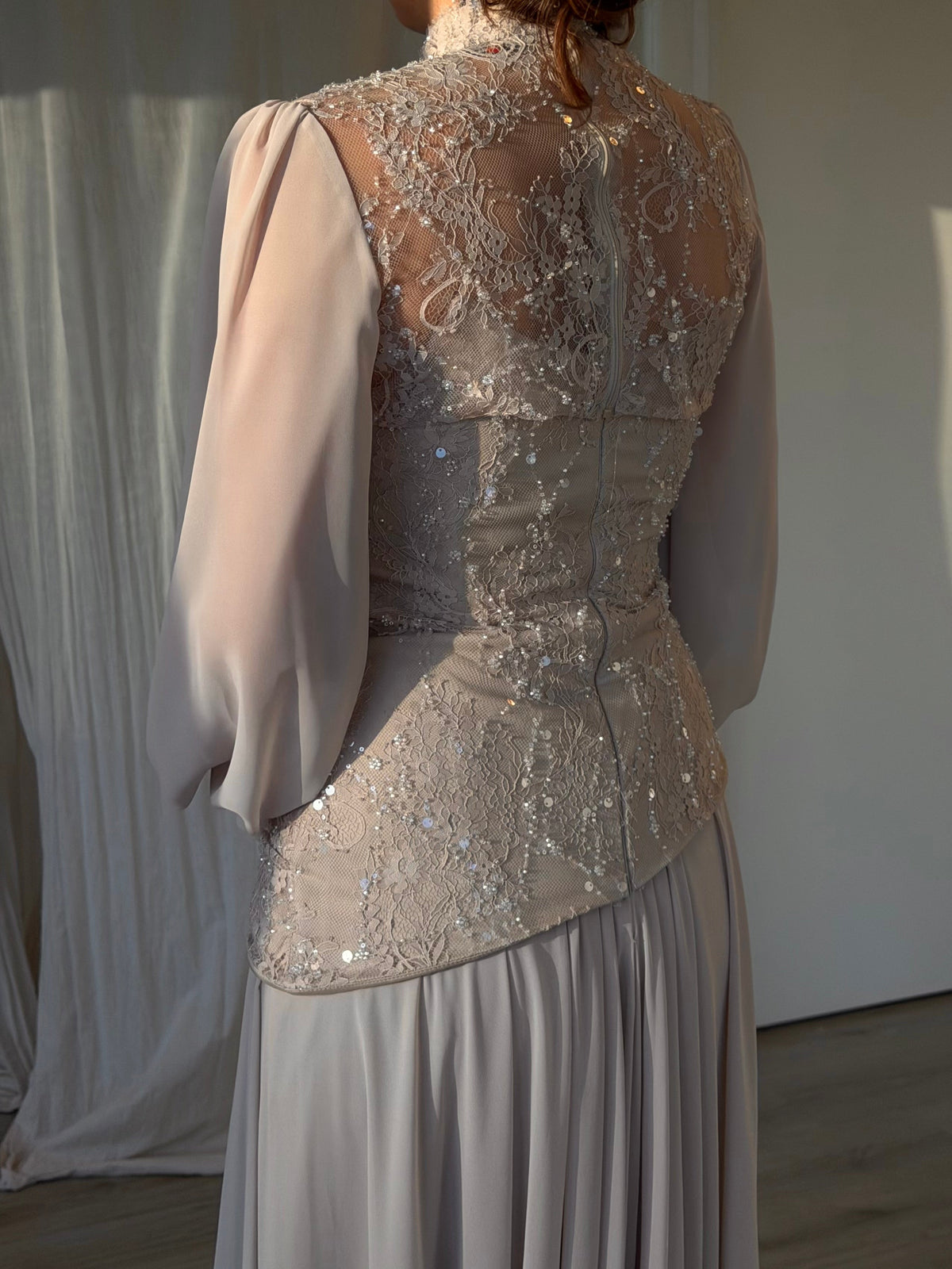 Embellished Lace & Chiffon Gown with Bishop Sleeves